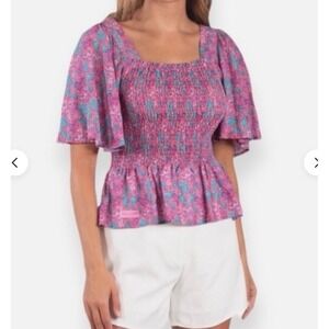 NWT Simply Southern Top L Pink Seahorse Smocked Peplum Square Neck (3123)‎